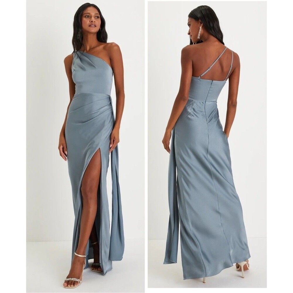 Lulus Signature Elegance Slate Blue Satin One-Shoulder Maxi Dress size Medium